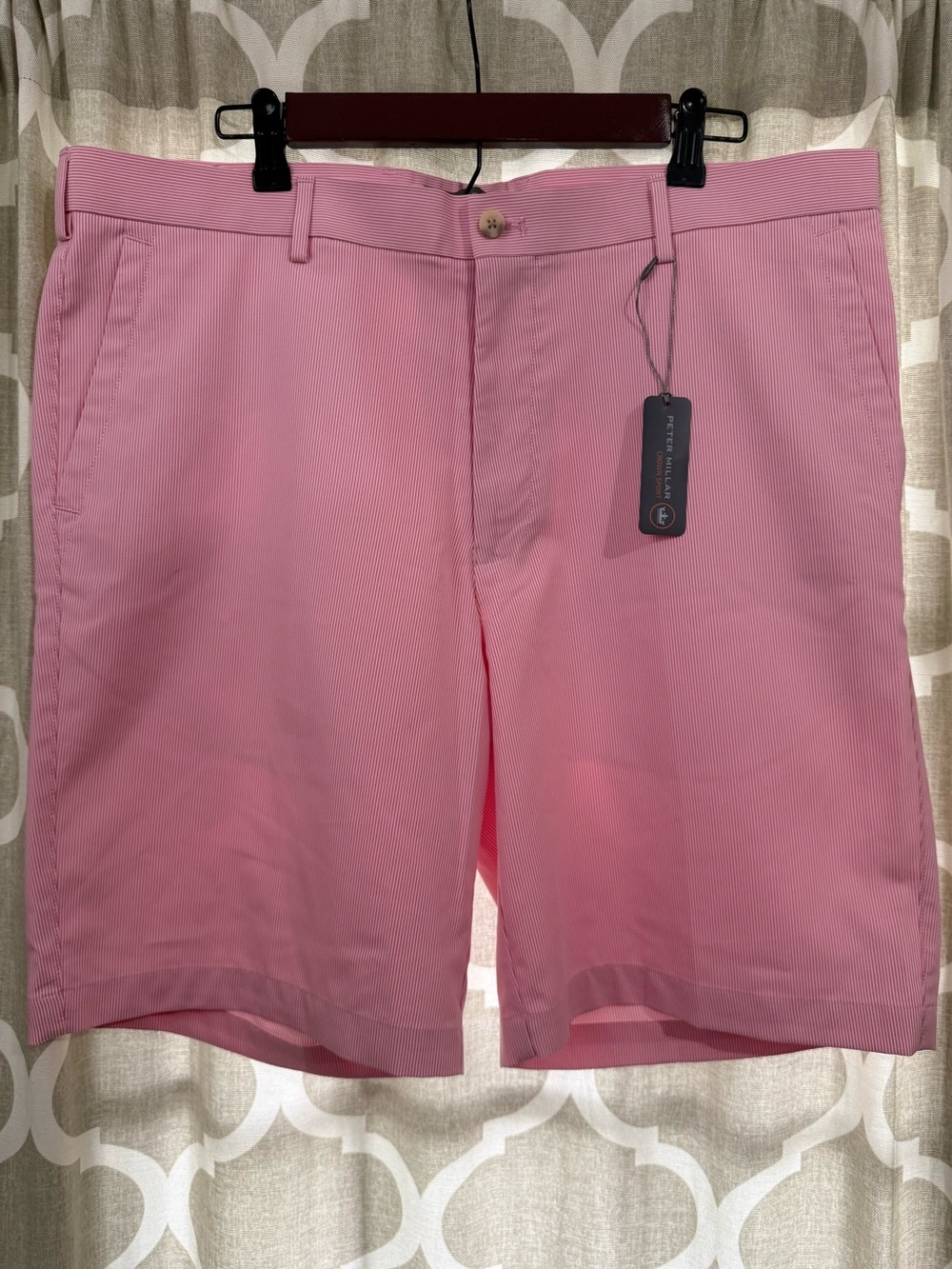 PETER MILLAR Size 38 Striped Red Pink White Flat Front Logo Chino Golf Shorts
